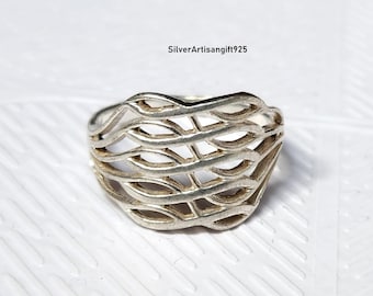 925 Sterling Silver Filigree Ring, Modern Leaf Pattern Statement Jewelry