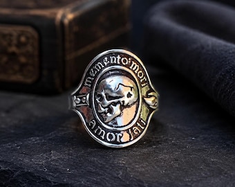 Sterling Silver Memento Mori Skull Ring, Gothic Statement Ring