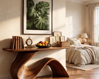 Mesa consola escultórica de madera maciza con diseño de onda.