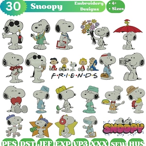 May include: A selection of 30 Snoopy embroidery designs, showcasing Snoopy in different scenarios. The image features the word "Snoopy" and the word "FRIENDS". Designs are available in multiple sizes and formats, including PES, DST, JEF, EXP, UP3, XXX, SEW, and HUS.