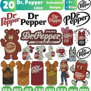 May include: A collection of 20 Dr. Pepper embroidery designs in various formats including PES, DST, JEF, EXP, VP3, XXX, SEW, and HUS. The set features the Dr. Pepper logo, soda cans, a bear, a dog, a duck, and a person, all with Dr. Pepper branding.