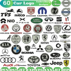 Könnte beinhalten: Bild mit 60 Auto-Logo-Stickdesigns, darunter Nissan, Volvo, Jaguar, BMW, Audi, Jeep und mehr. Das Bild enthält auch Informationen zu Dateitypen.