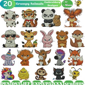 Könnte beinhalten: Eine Sammlung von 20 Stickmustern mit grimmigen Tierfiguren. Die Designs umfassen eine Kuh, einen Tiger, einen Panda, ein Eichhörnchen, ein Schaf, eine Giraffe, ein Kaninchen, einen Bären, einen Otter, einen Elefanten, einen Yak, einen Esel, ein Zebra, einen Fuchs, ein Einhorn, ein Küken, einen Affen, eine Katze und eine Biene.