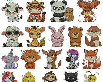Grumpy Animals Embroidery Design Bundle, Funny Animal Machine Embroidery Files, Cute Angry Animals, Instant Download, Cute Grumpy Pets,