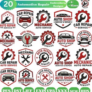 May include: A collection of 20 automotive repair embroidery designs. The designs feature wrenches, cars, and text such as "Auto Repair", "Mechanic", and "Auto Service" in red, black, and white. The designs are in various shapes, including circles, shields, and gears.