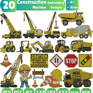 Puede incluir: Una colección de 20 diseños de bordado a máquina con temática de construcción que incluye grúas amarillas, camiones volquete, hormigoneras, excavadoras, rodillos, conos de tráfico, una señal de stop, un semáforo y un trabajador.