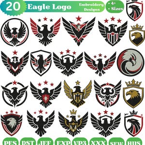 Puede incluir: Una colección de 20 diseños de logotipos de águilas en varios estilos, incluyendo emblemas circulares, de escudo y alados. Los diseños presentan águilas con estrellas y coronas, en negro, rojo y dorado. Incluye formatos de archivo de diseño de bordado.