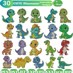 May include: A collection of 30 cute dinosaur embroidery designs in various colors and poses. The designs include text that says "CUTE Dinosaur" and "Embroidery Designs". The image also includes file format types.