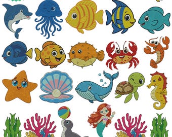 Sea Creatures Embroidery Design, Sea Animals Embroidery File, Ocean Animals Machine Embroidery File, Fish Turtle Crab Whale Bundle