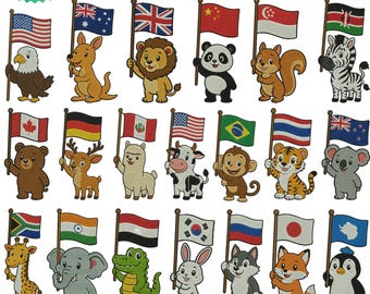 Cute Flag Animals Bundle Embroidery Design, World Country Animals, Cartoon Flag Animal Pack, Travel Theme Embroidery Bundle