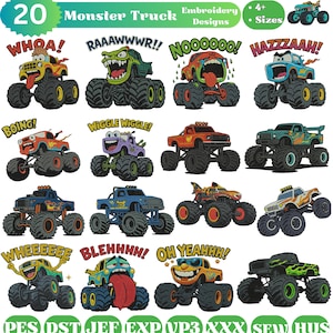 Peut inclure: Une collection de 20 motifs de broderie de monster trucks colorés. Chaque camion a un design et une expression uniques, avec des phrases comme "WHOA!" et "RAAAWWWR!!". Les motifs sont disponibles en 4+ tailles et divers formats de fichiers.