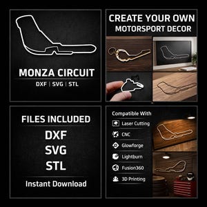 Puede incluir: Archivos digitales para decoración de deportes de motor, con el diseño del circuito de Monza. Incluye archivos DXF, SVG y STL. Compatible con corte por láser, CNC e impresión 3D. La imagen muestra ejemplos del diseño de la pista.