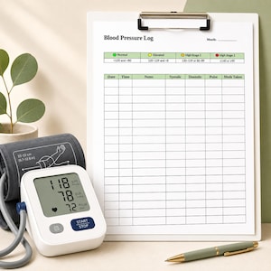 Pode incluir: Um monitor digital de pressão arterial branco com braçadeira cinza e uma prancheta contendo um registro de pressão arterial impresso. A tela exibe 118 sistólica, 78 diastólica e 72 pulso. Uma caneta verde está ao lado da prancheta.
