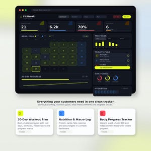 May include: Digital fitness tracker mockup for Etsy listings. The dark-themed design includes a calendar, workout log, and progress tracking. Features include a 30-day workout plan, nutrition log, and body progress tracker. The mockup is modern, interactive, and beginner-friendly.