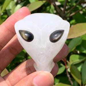 Op de afbeelding: Een gesneden wit kristallen sculptuur in de vorm van een alienhoofd met twee gladde, donkere, reflecterende, obsidiaanachtige ovale ogen. Het object heeft een gepolijst, doorschijnend oppervlak en een opvallende, puntige kin.