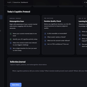 Puede incluir: Un panel de control ejecutivo de tema oscuro con el logotipo de CogOS. La interfaz presenta secciones para protocolos cognitivos, incluyendo escaneos metacognitivos, controles de calidad de decisiones y extracción de aprendizaje. También hay un diario de reflexión.