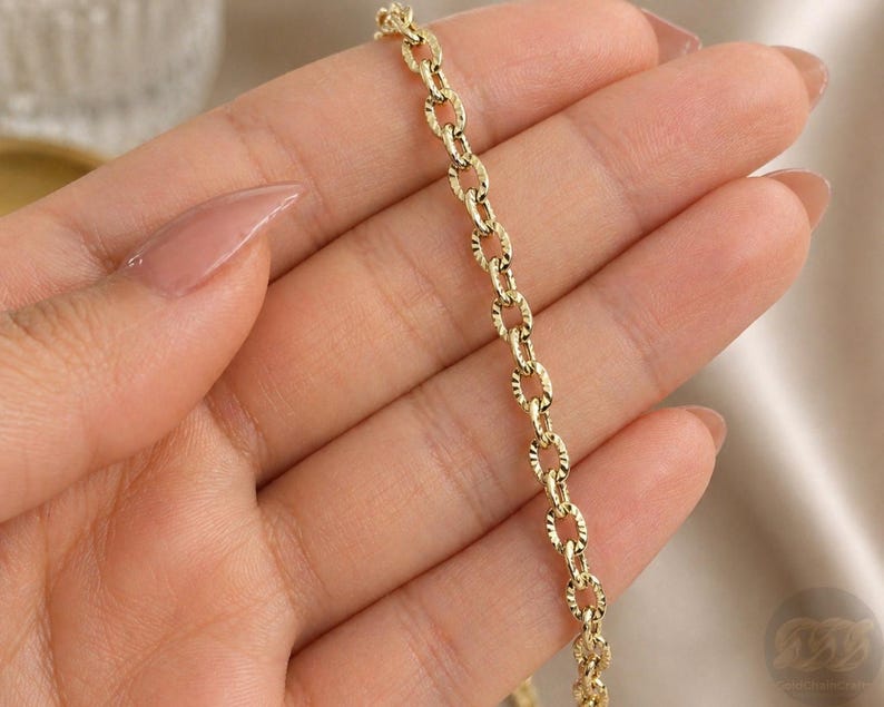 14k Solid Gold Bracelet: 4mm Diamond Cut Cable Chain Wrist Jewelry