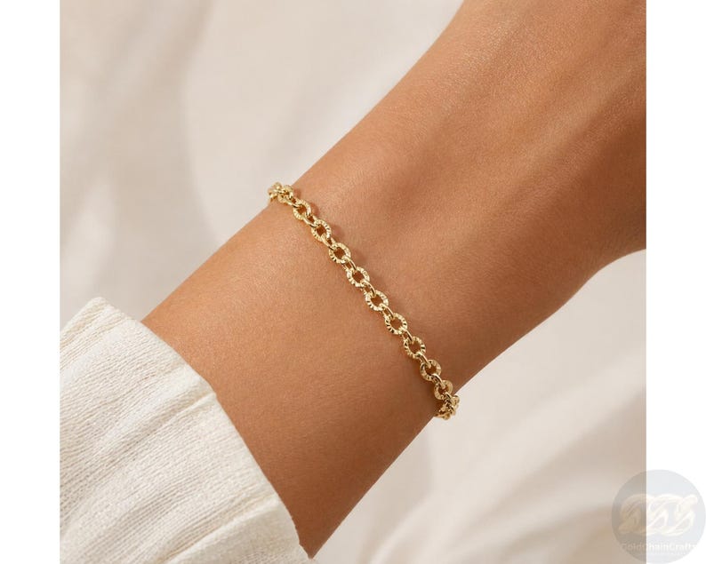 14k Solid Gold Bracelet: 4mm Diamond Cut Cable Chain Wrist Jewelry