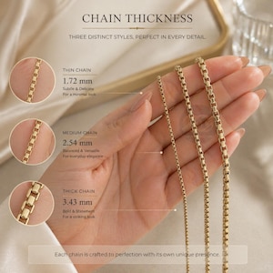 May include: Image showing three gold-coloured chain necklaces of different thicknesses. The image highlights the chain thickness, with measurements of 1.72 mm, 2.54 mm, and 3.43 mm. Text on the image describes the styles as subtle, balanced, and bold.