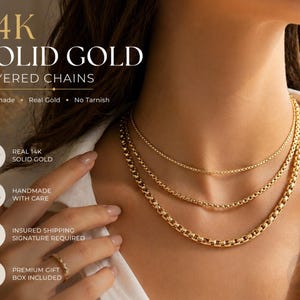 14k Solid Gold Box Chain Necklace: Rounded Rectangular Link Chain