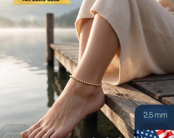 14k Solid Gold Anklet: 2.5mm Ball Bead Chain Foot Jewelry