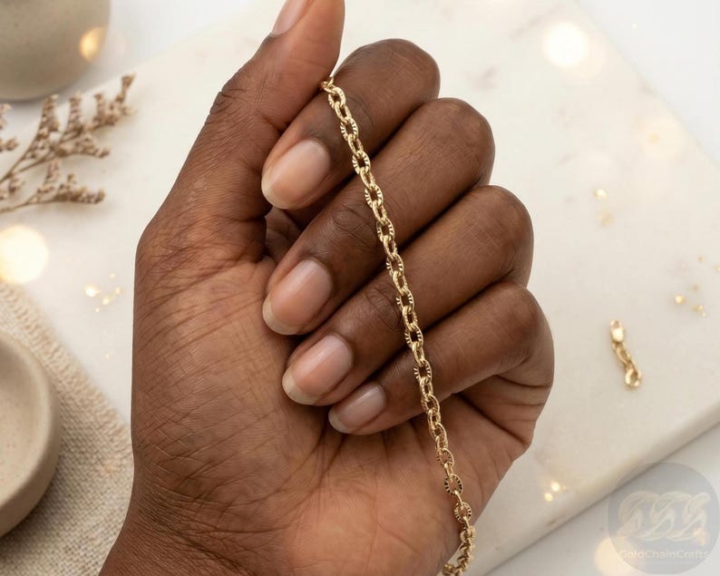 14k Solid Gold Bracelet: 4mm Diamond Cut Cable Chain Wrist Jewelry