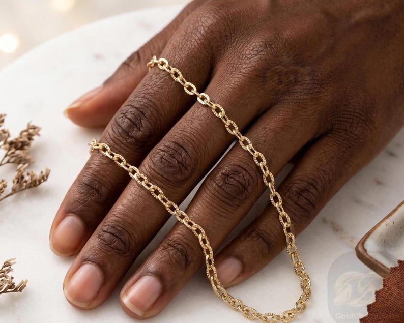 14k Solid Gold Bracelet: 4mm Diamond Cut Cable Chain Wrist Jewelry