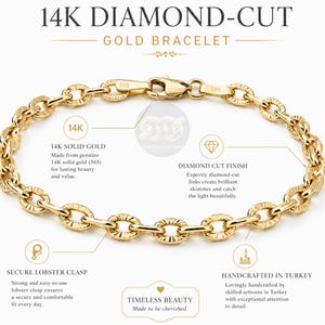 14k Solid Gold Bracelet: 4mm Diamond Cut Cable Chain Wrist Jewelry