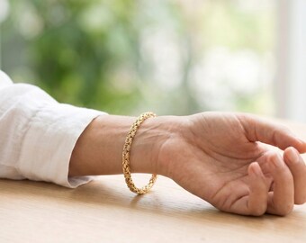 14k Gold Byzantine Chain Bracelet | Mens King Link Wrist Chain | 8 Inch