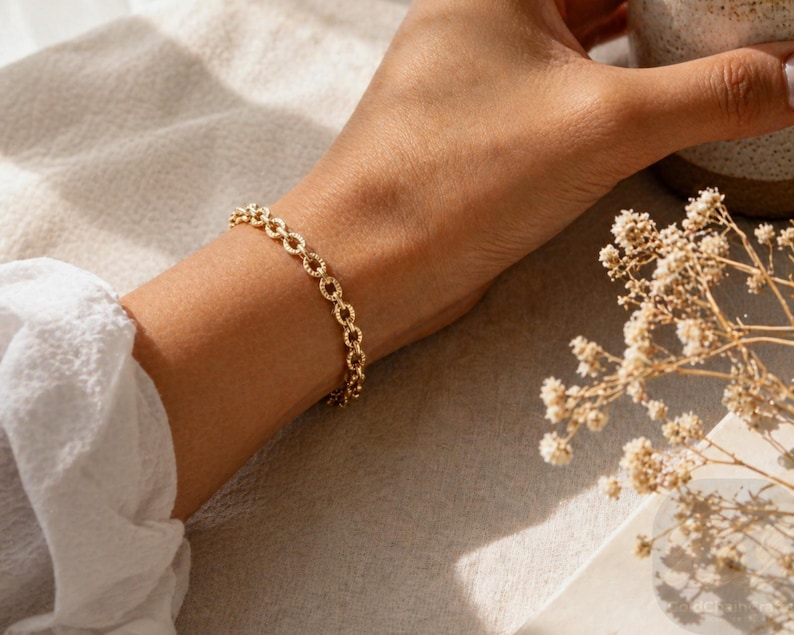 14k Solid Gold Bracelet: 4mm Diamond Cut Cable Chain Wrist Jewelry