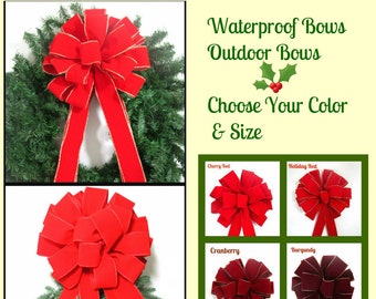 OUTDOOR Bow / Waterproof Bow / Red Velvet Bow / Christmas Bow / Wreath Bow / Red Bow / FIVE Sizes and FOUR Color Choices Available