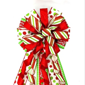 Christmas Bow, Red and Lime Green Bow, Tree Topper Bow, Christmas Tree Bow, Red, Green and White Bow