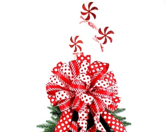 Christmas Bow, Red and White Bow, Polka Dot Bow, Tree Topper Bow, Christmas Tree Bow