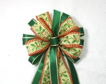 Lazo para corona navideña: estampado de acebo, cinta roja y verde, 30 cm
