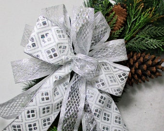 Snowflake Christmas Bow: White & Silver Glitter Tree Topper, Wreath Decor