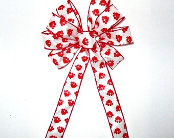 Paw Print Dog Bow: Red or Blue Wired Ribbon