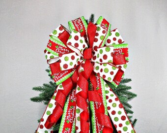 Christmas Bow, Red and Lime Green Bow, Tree Topper Bow, Christmas Tree Bow, Red, Green and White Bow, Polka Dot Bow