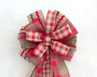 Christmas Tree Bow: Burlap & Plaid Ribbon, Farmhouse Style