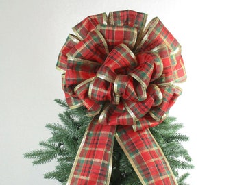 Lazo a cuadros rojo y verde, lazo para árbol de Navidad, lazo para copa de árbol, lazo rojo, lazo a cuadros, lazo navideño, lazo rojo y verde