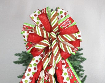 Christmas Bow, Red and Lime Green Bow, Tree Topper Bow, Christmas Tree Bow, Polka Dot Bow, Red, Green and White Bow