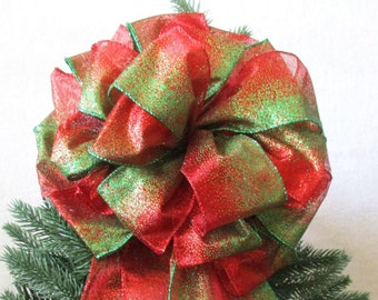 Lazo navideño rojo y verde lima: Adorno para la punta del árbol con lunares, detalle para la corona