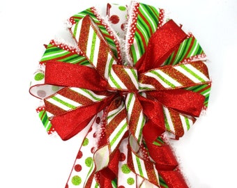 Christmas Bow, Red and Lime Green Bow, Tree Topper Bow, Christmas Tree Bow, Polka Dot Bow, Red, Green and White Bow