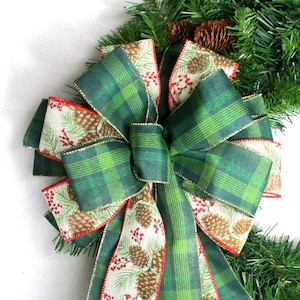 Christmas Bow, Plaid Bow, Green Bow, Tree Topper Bow, Christmas Tree Bow