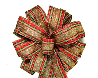 Wreath Bow / Red Bow / Red and Green Plaid Bow / Christmas Bow  / Christmas Wreath Bow / Tree Topper Bow