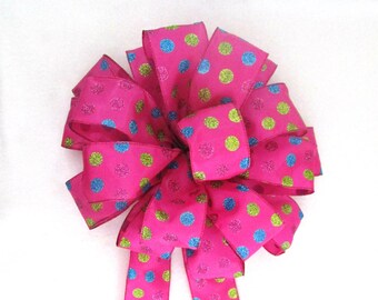 Christmas Bow, Pink with Lime and Turquoise Polka Dots Bow, Wreath Bow, Tree Topper Bow