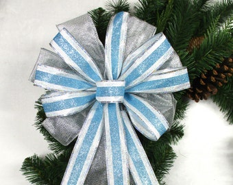 Blue Bow, Turquoise Bow, Blue and Silver Bow, Christmas Bow, Tree Topper Bow, Wreath Bow