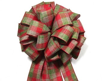 Lazo navideño a cuadros rojos y verdes: adorno para corona de árbol