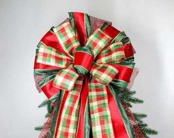 Lazo a cuadros rojos y verdes, lazo navideño, lazo para la cima del árbol, lazo rojo y verde, lazo estilo granja, lazo a cuadros campestre, lazo extragrande
