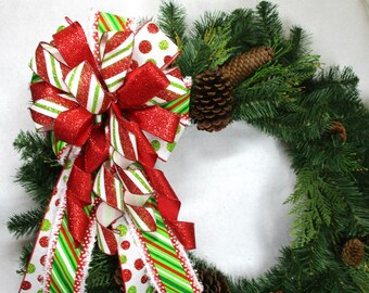 Christmas Bow, Red, White and Lime Green Bow, Red Wreath Bow, Wreath Bow