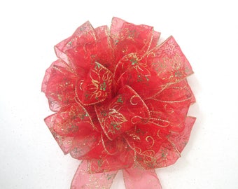 Lazo navideño de flor de Pascua roja, decoración de corona navideña